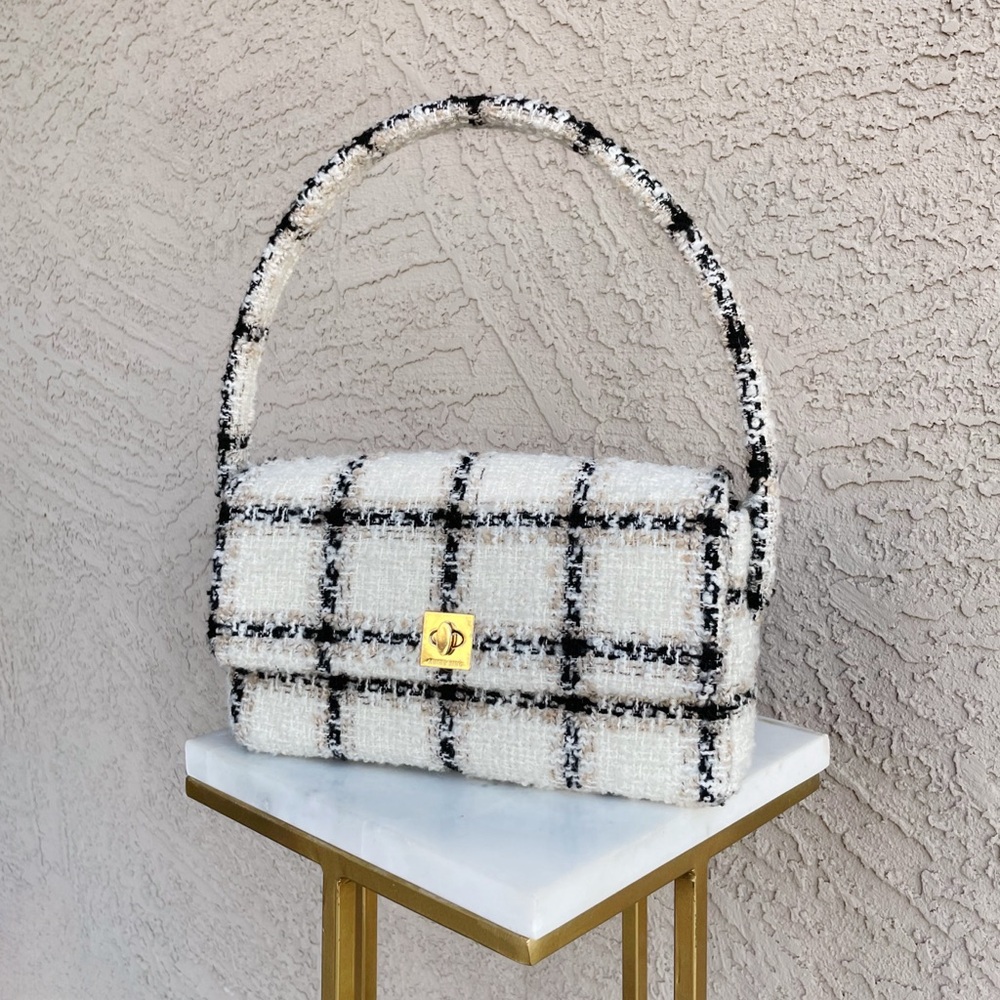ANINE BING Black & White Textured Wool Tweed Plaid Flap Nico Shoulder Bag - Picture 4 of 17